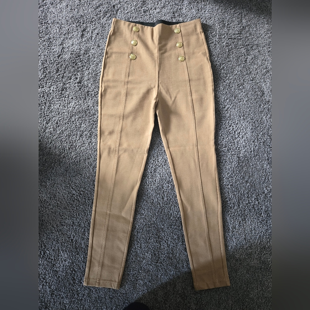 Zara High-Waisted Khaki Pants/Leggings with Gold Buttons